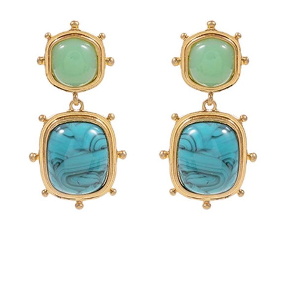 Studded Square Stone Dangle Earrings - Picture 2 of 2